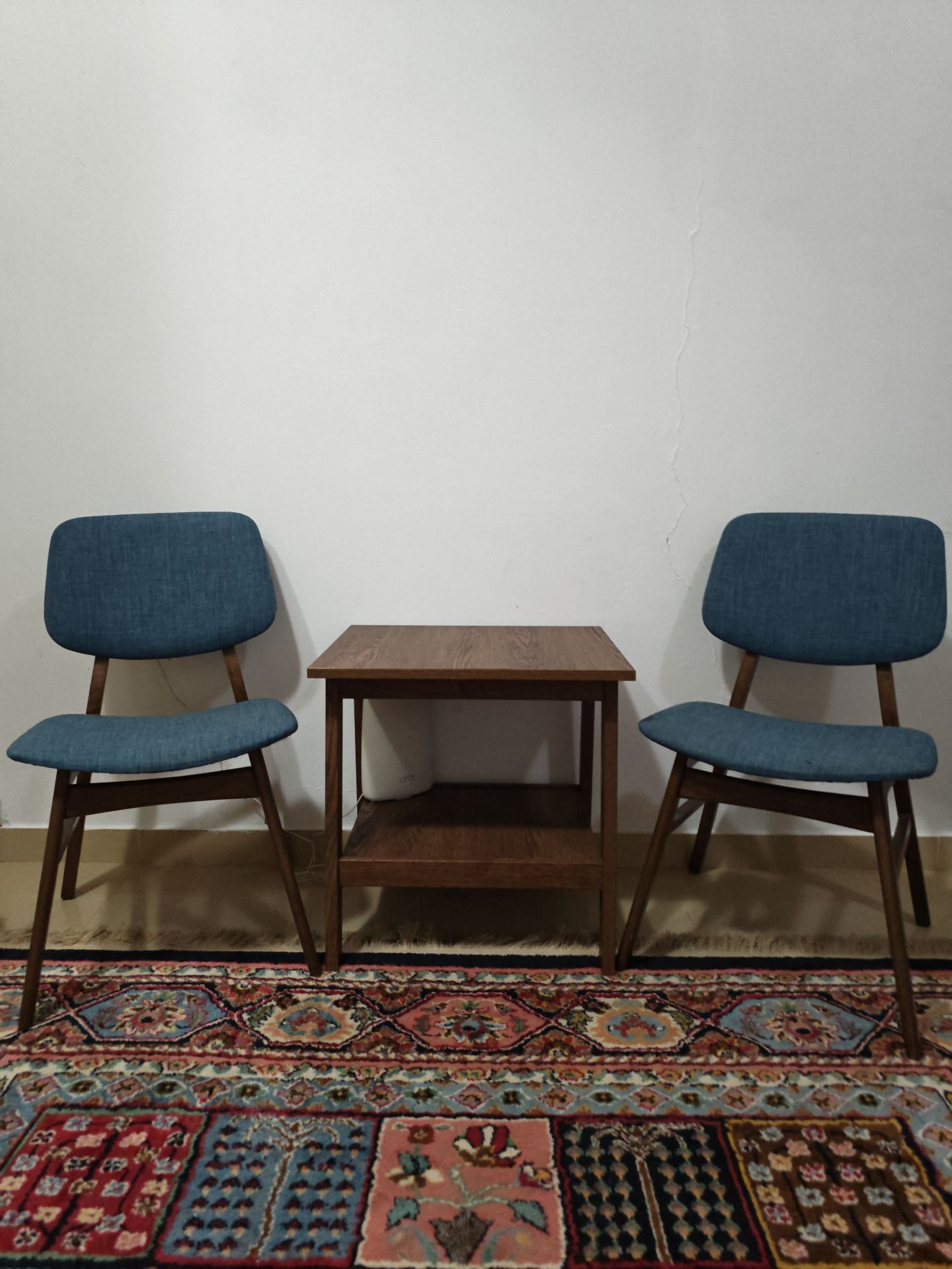 3-Piece Mid-Century Modern Set – 2 Blue Accent Chairs & Walnut Side Table - Image 1
