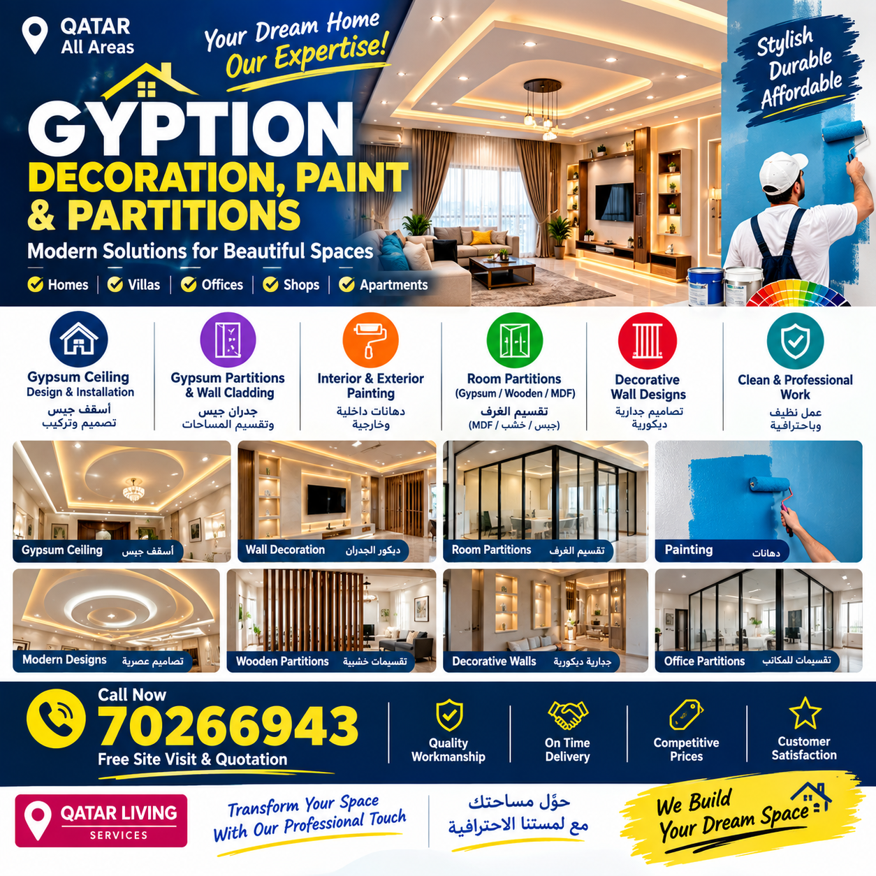 Painting gypsum decor partitions epoxy flooring services Doha Qatar
