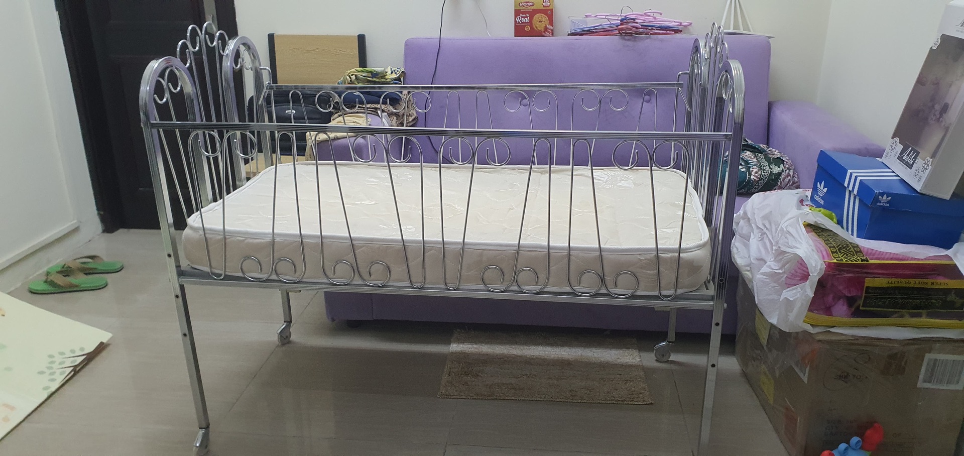 Silver Metal Baby Cot / Toddler Bed with Mattress - Image 1