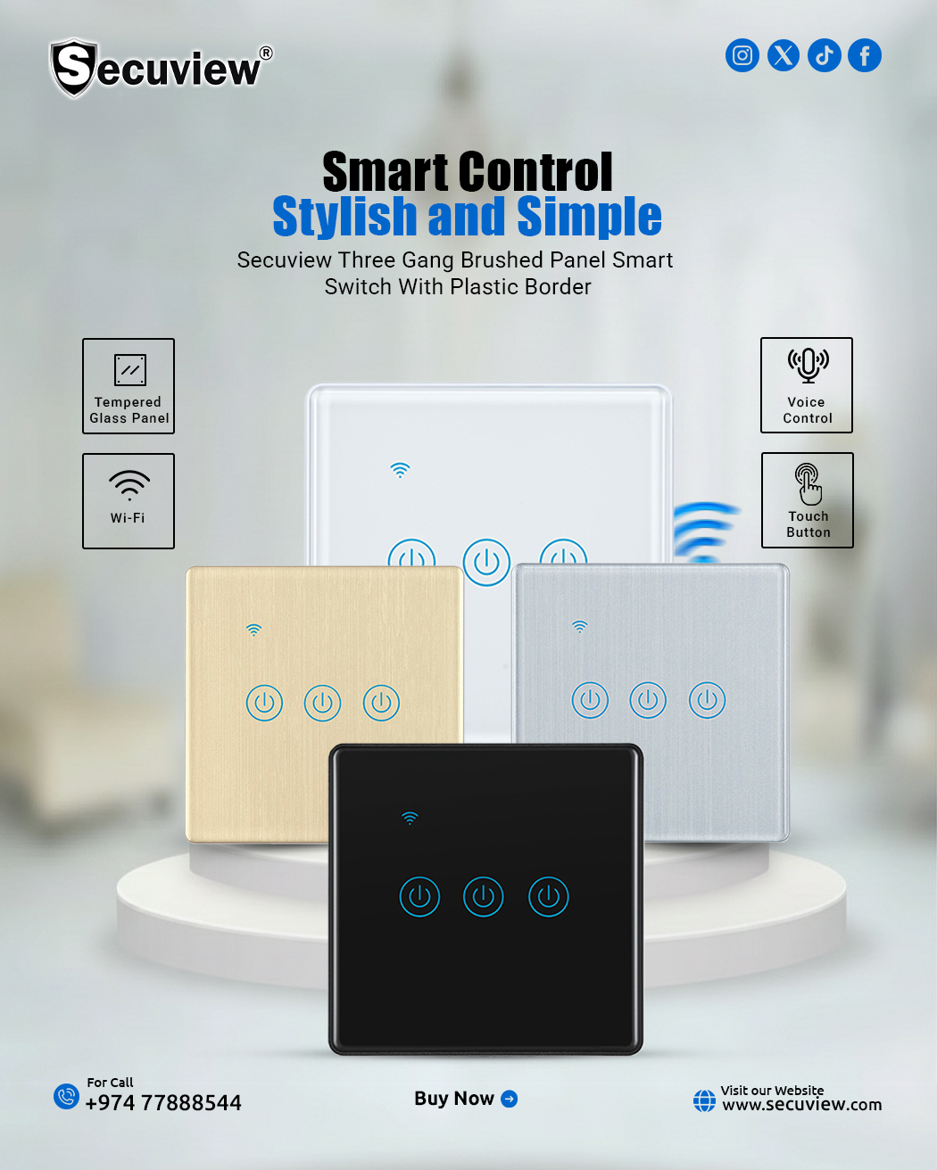 Secuview Three Gang Brushed Panel Smart Switch With Plastic Border - Image 1