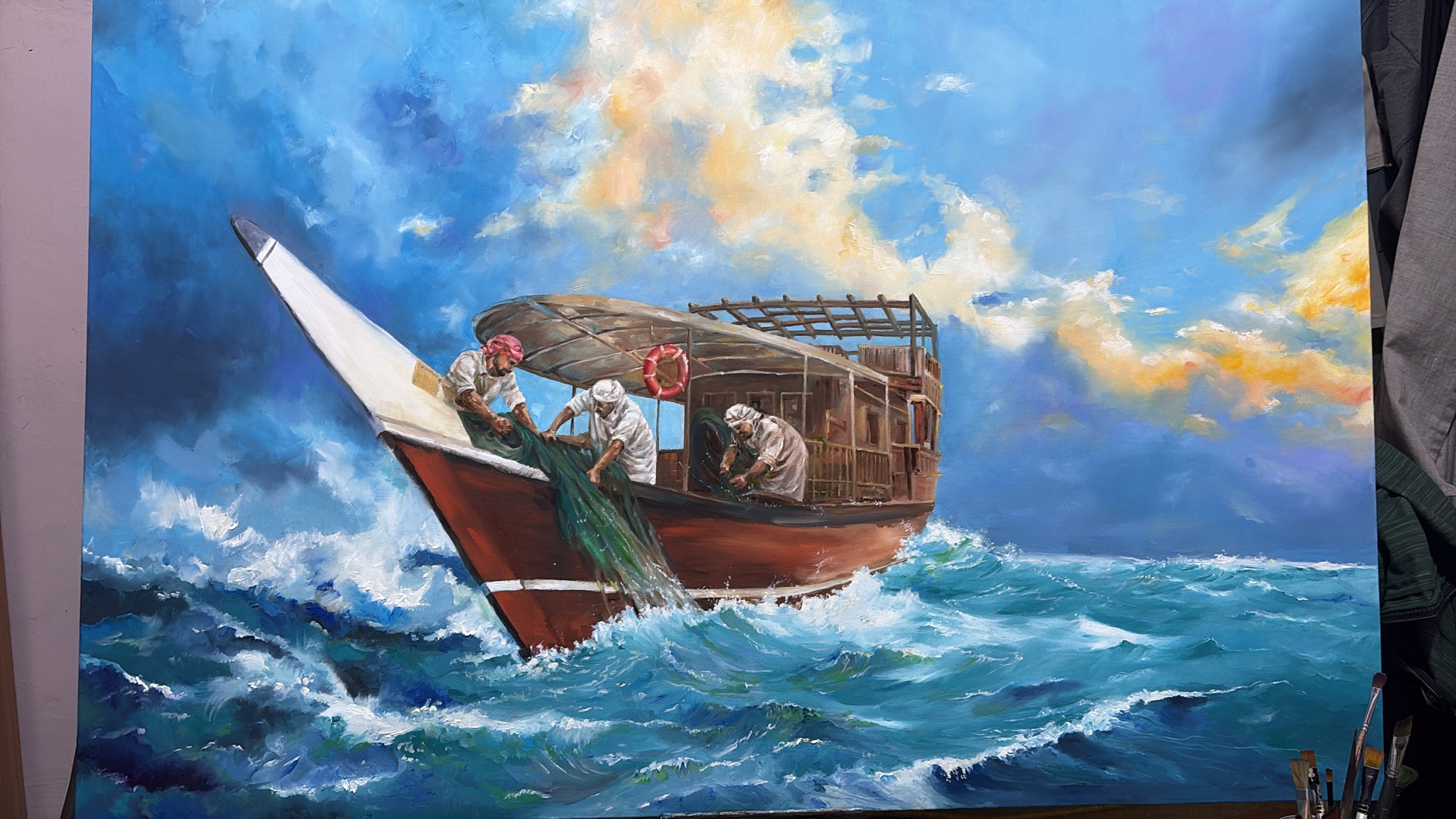 Beyond the Challenge – Traditional Arabian Dhow - Oil Painting - Image 2