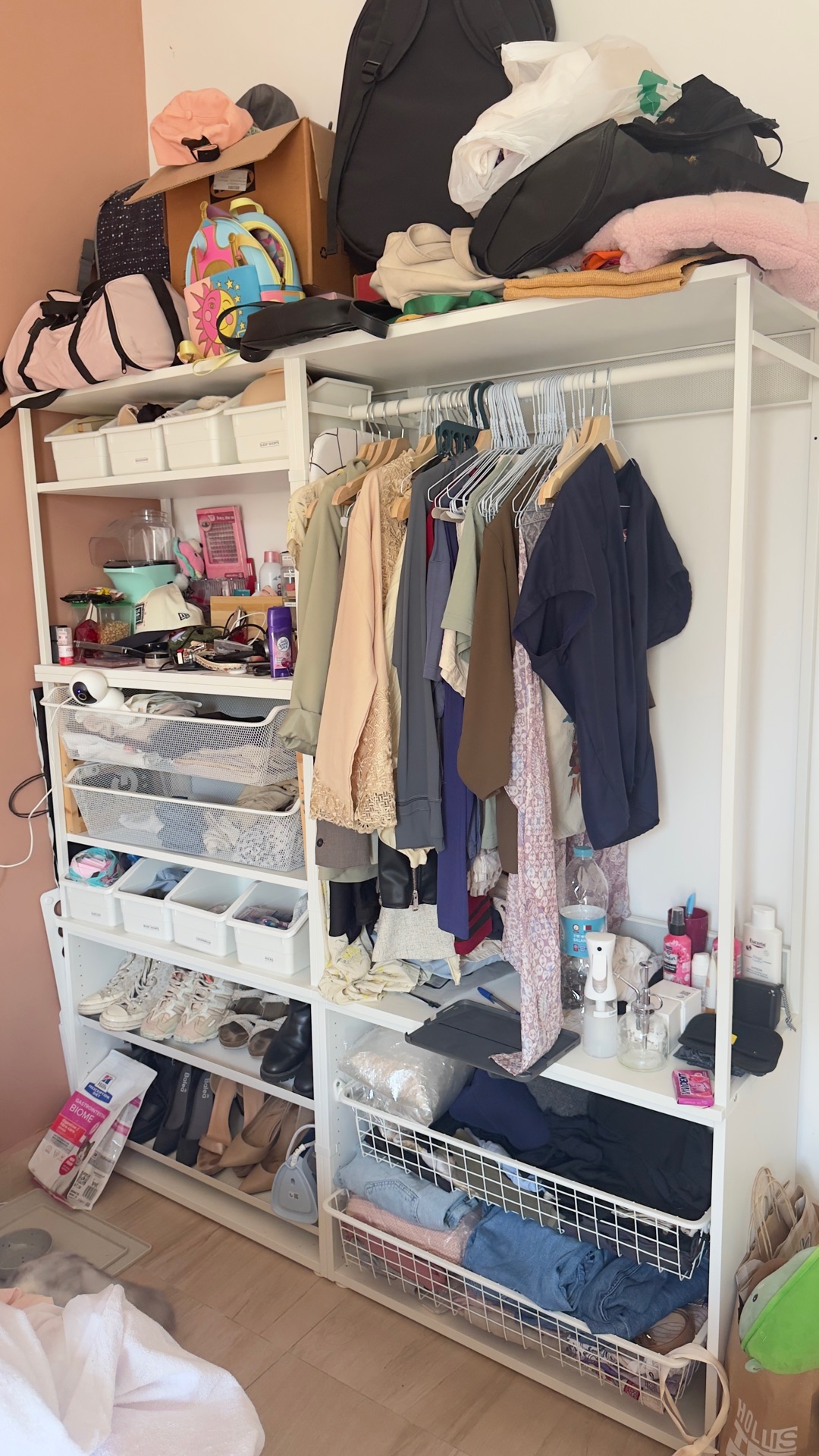 IKEA White Metal & Wood Open Wardrobe – Shelves + Hanging Rail + Shoe Rack - Image 1