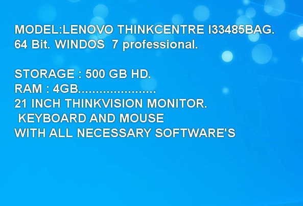 MODEL:LENOVO THINKCENTRE  I3 . 64 Bit. 21 INCH MONITOR - Image 4