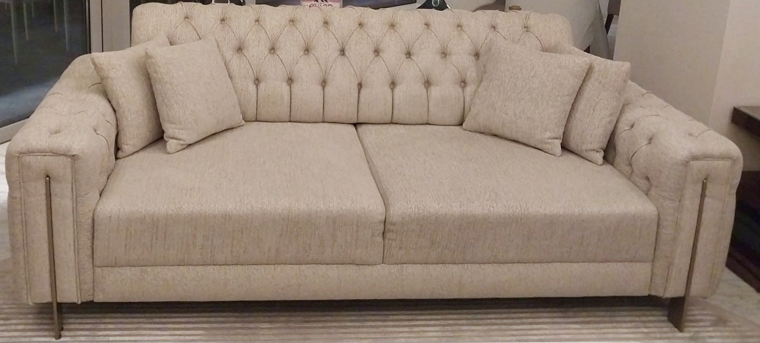 2 Luxury Beige Tufted 3-Seater Sofa – Excellent Condition - Image 3