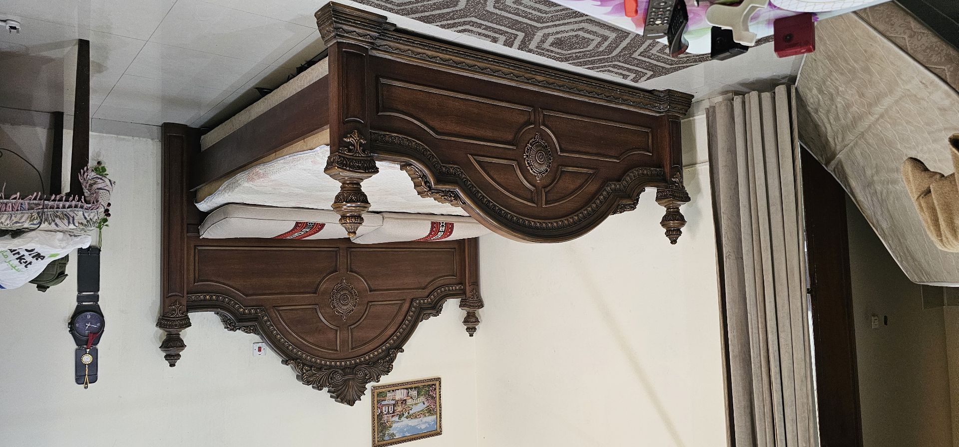 Wooden King Bed with mattress with pillows  - Image 4