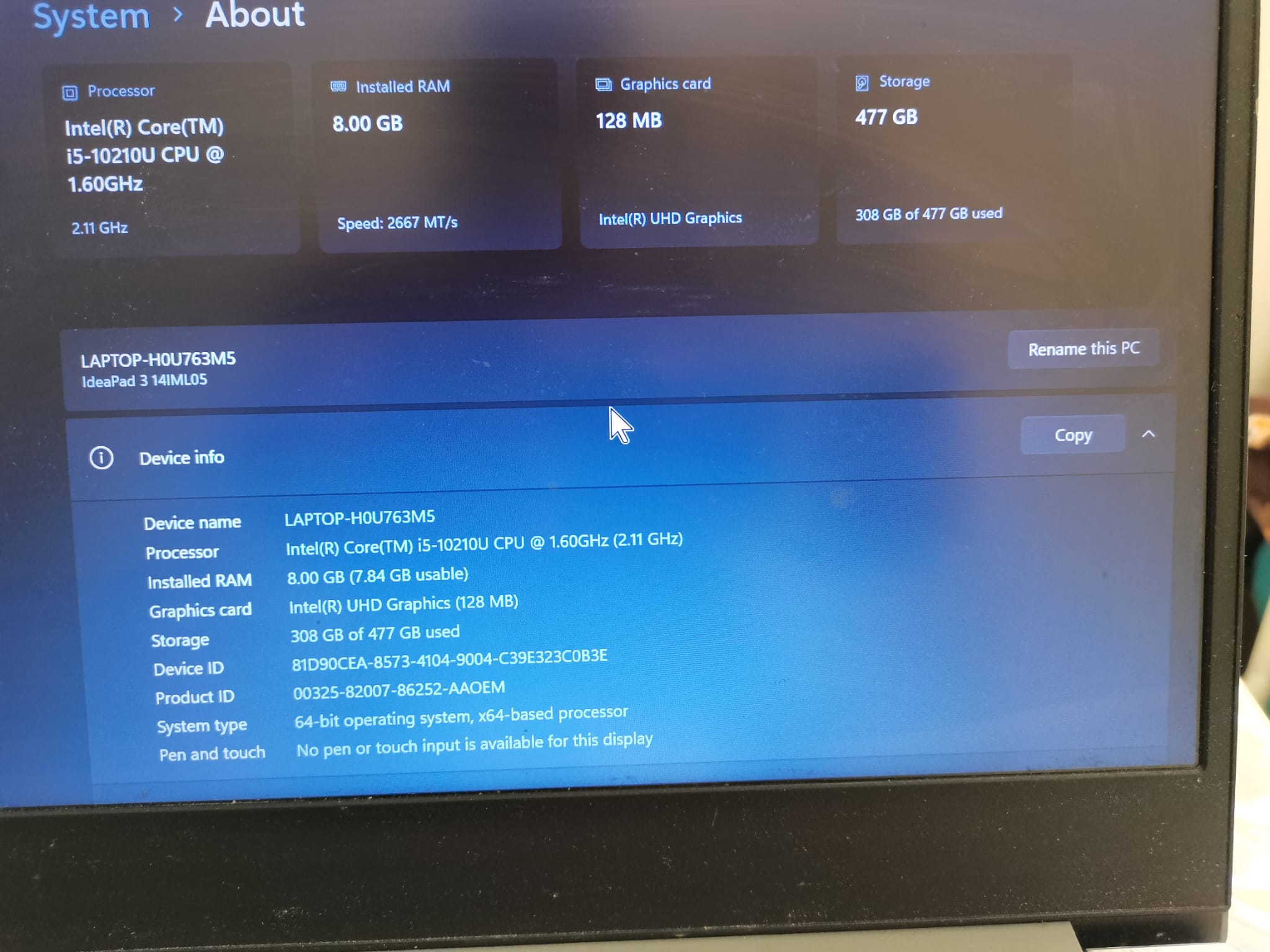 Intel core i5-10210U763 CPU @ 1.6 GHz(2.11GHz), 8GB Ram, 512 SSD, - Image 1