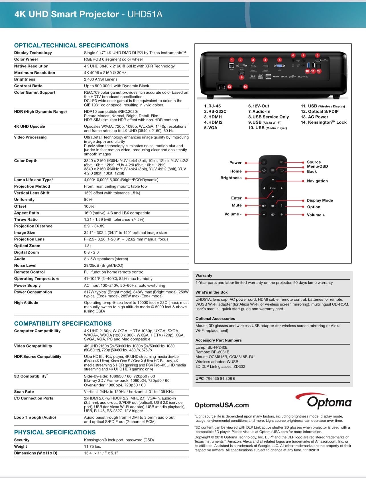 جهاز عرض Optoma UHD51A DLP 4K UHD مع ملحقات قيمة - Image 10