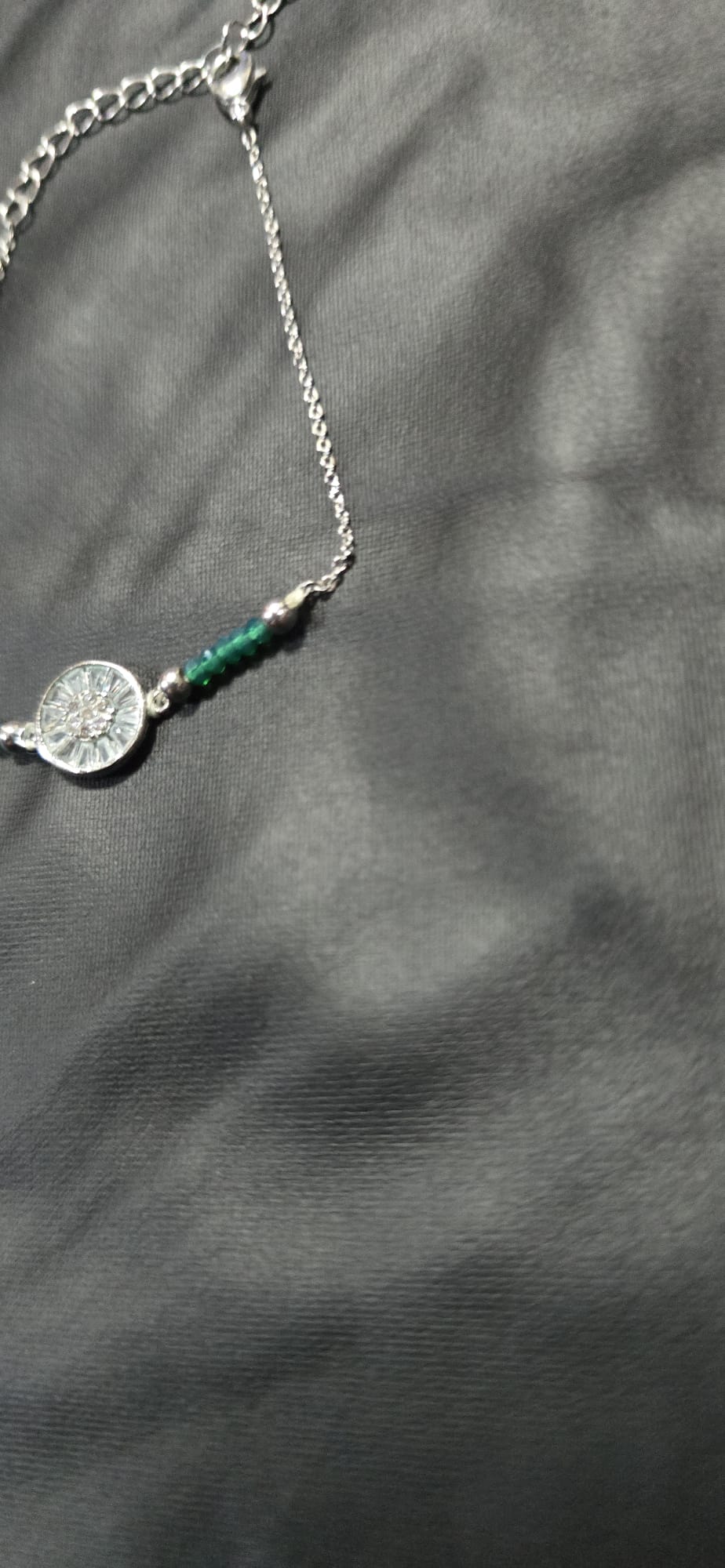 silver-tone chain bracelet featuring green beads - Image 3