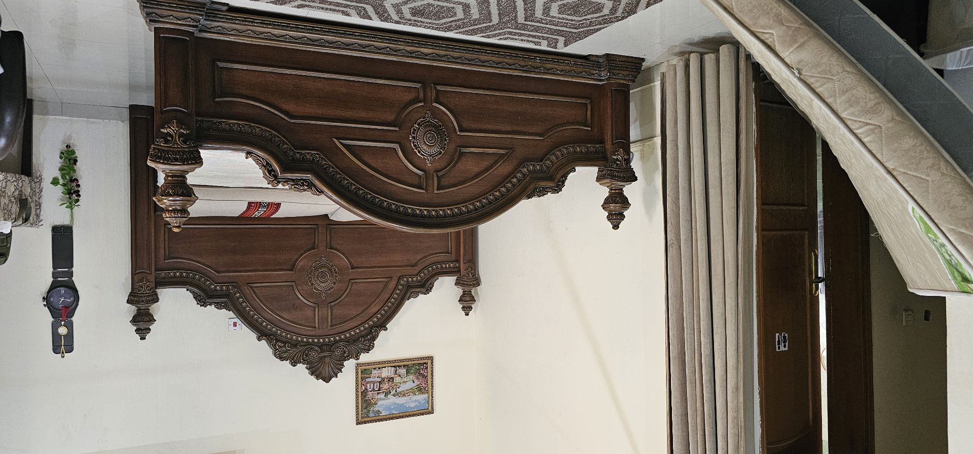 Wooden King Bed with mattress with pillows  - Image 6