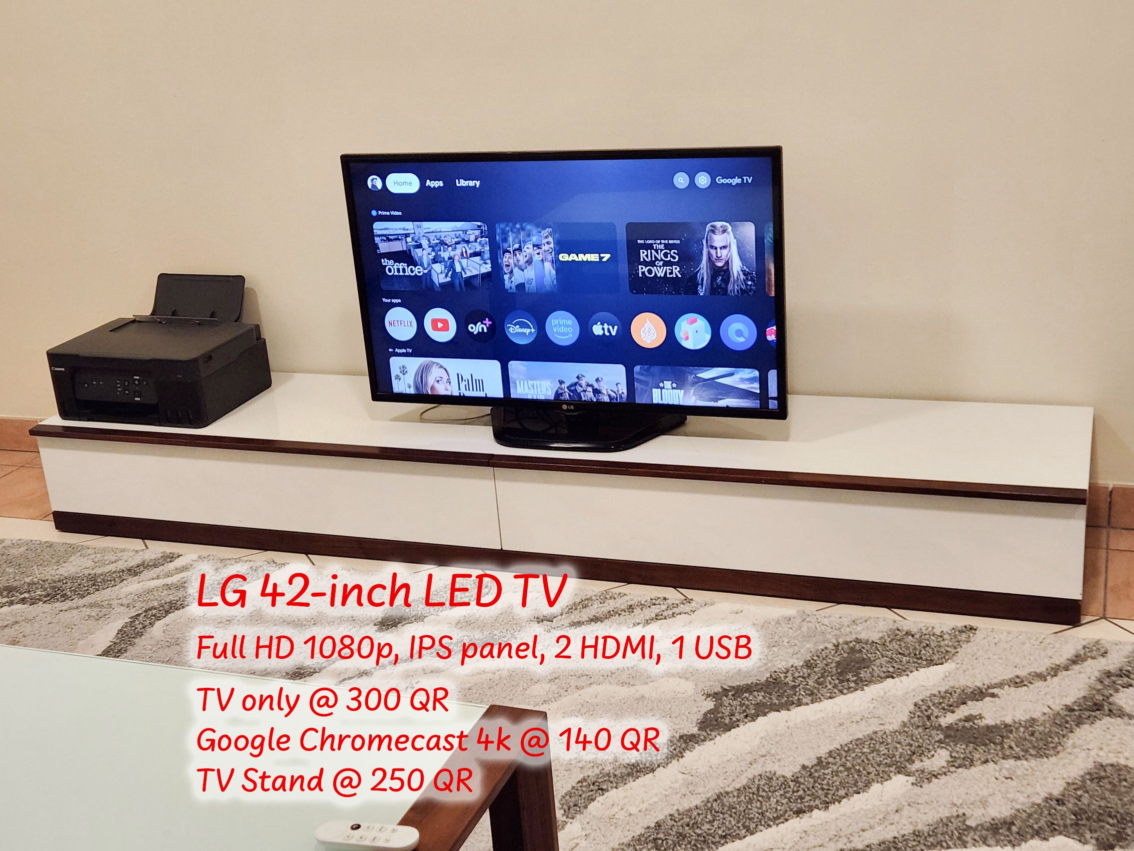 LG 42” LED TV 300 QR, Chromecast 4K 140 QR, TV Stand 250 QR - Image 1