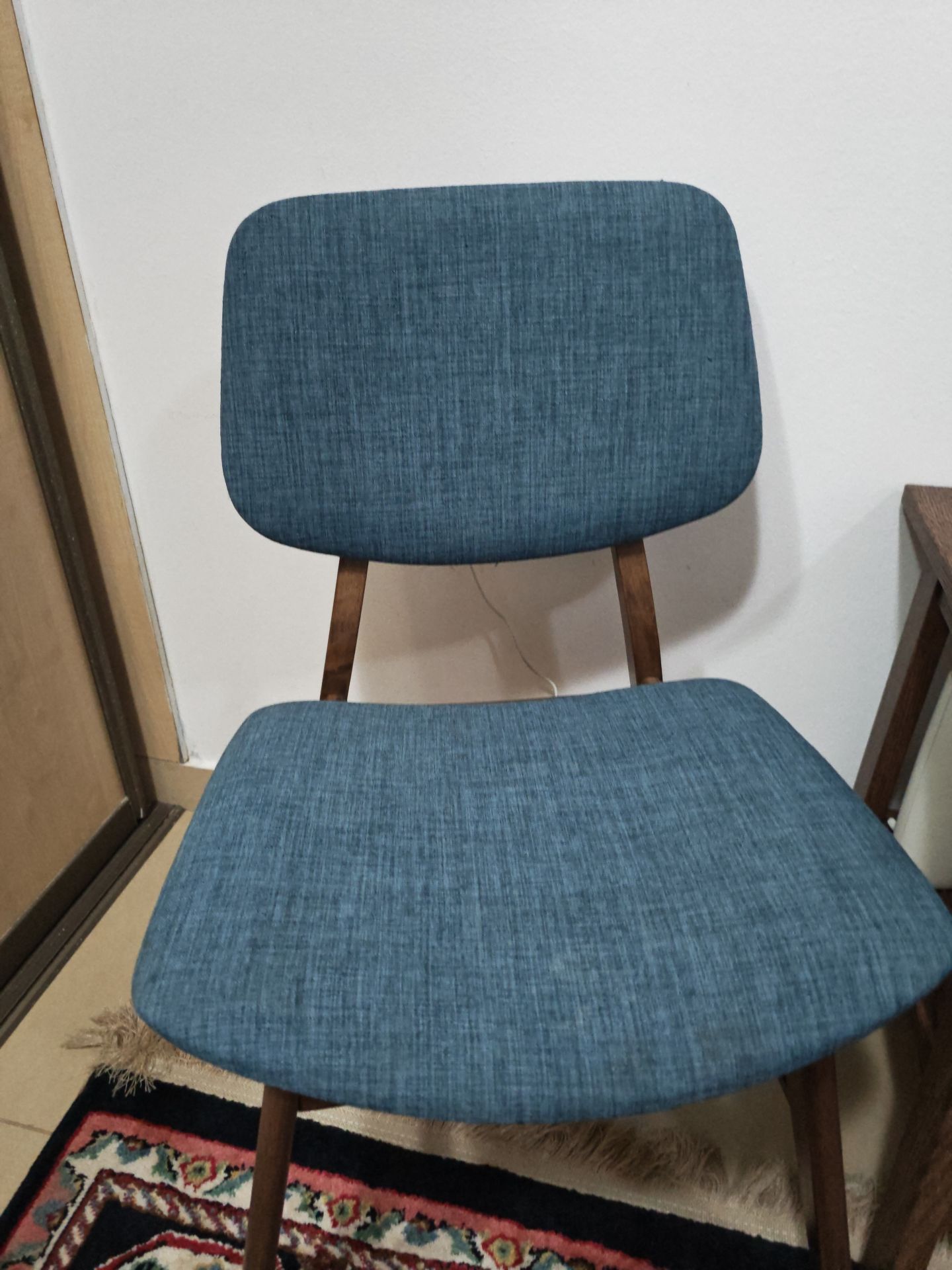3-Piece Mid-Century Modern Set – 2 Blue Accent Chairs & Walnut Side Table - Image 2