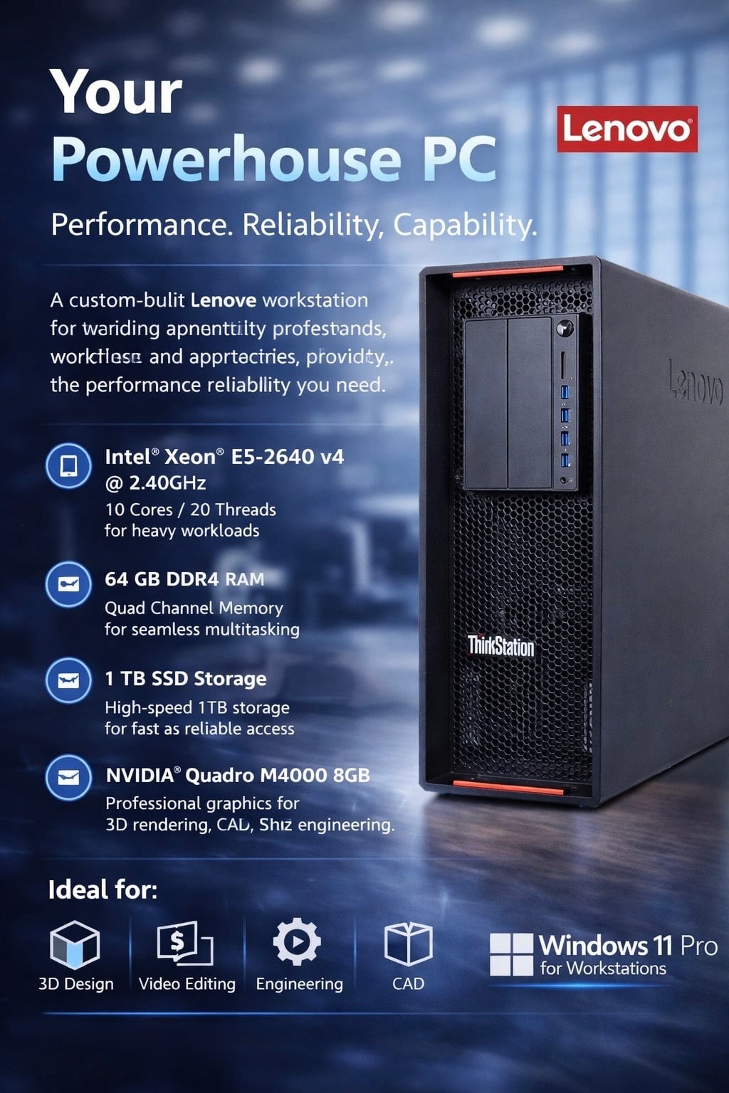 Lenovo ThinkStation P510 Workstation – Xeon | 64GB RAM | Quadro 8GB | Intel SSD - Image 1