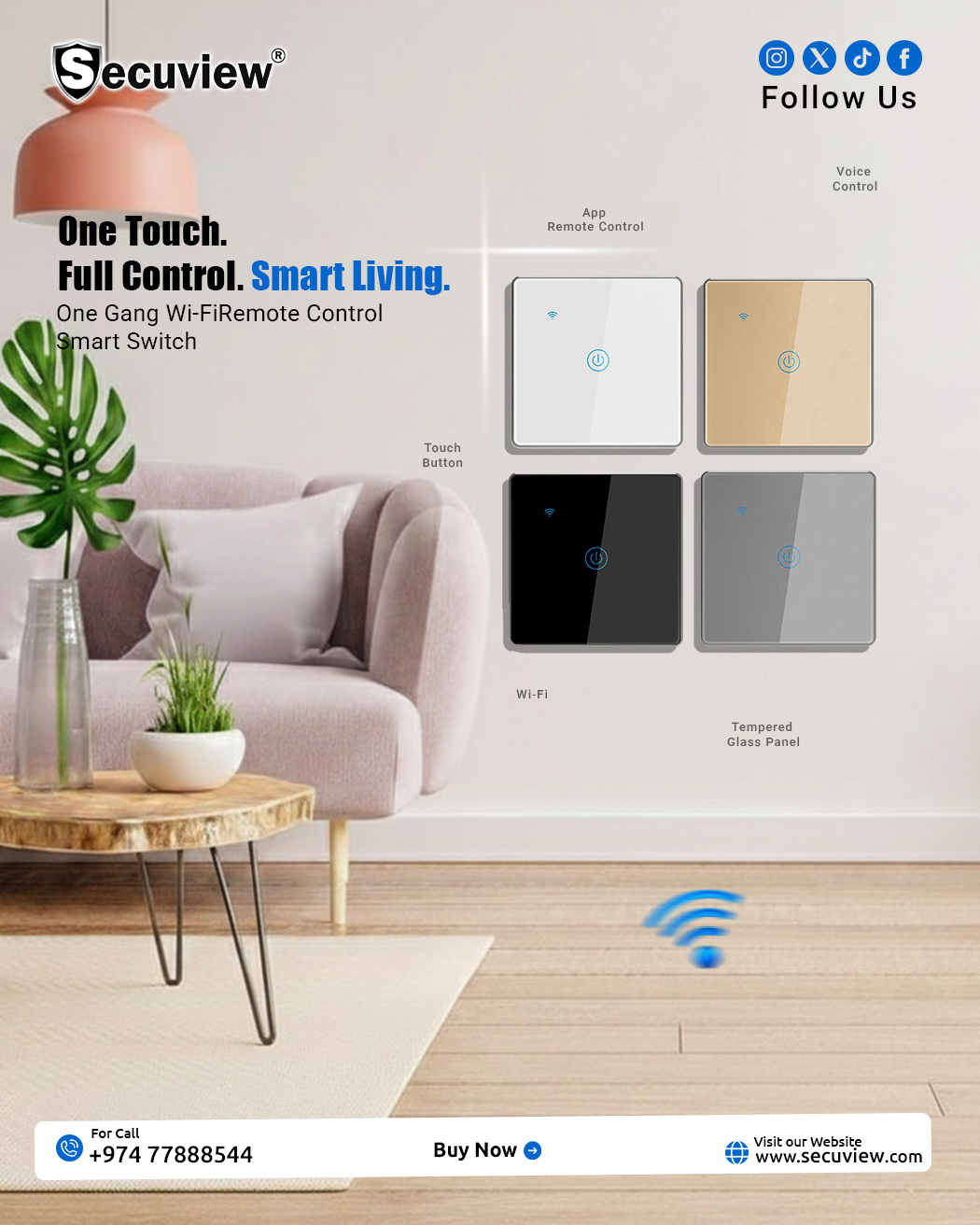 Secuview One Gang Wi-Fi Remote Control Smart Switch With Metal Border - Image 1