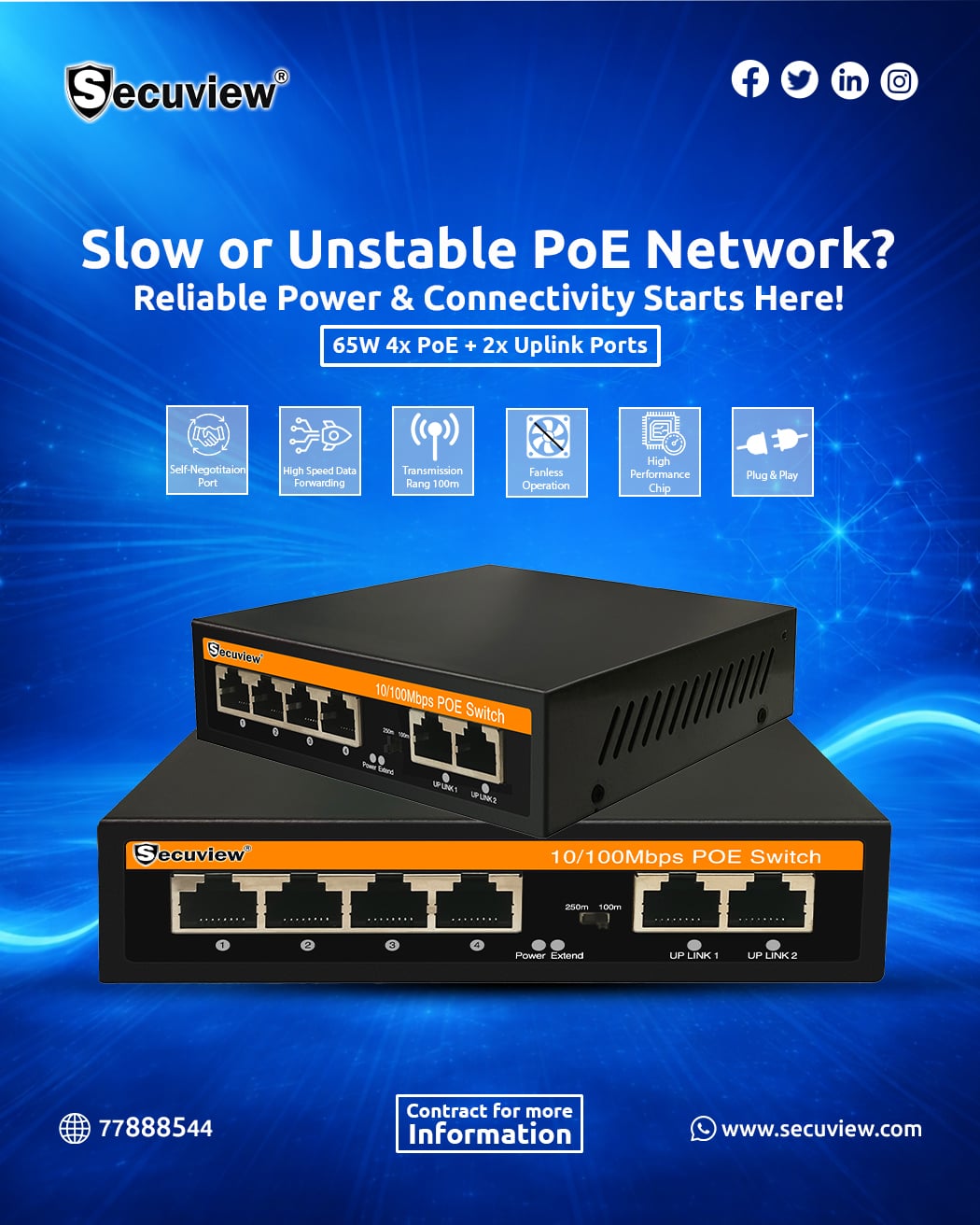 Secuview 65W 4x PoE + 2x Uplink Ports | 10/100Mbps Connectivity. - Image 1