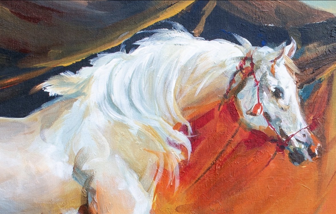 Arabian Desert Camp White Horse | Traditional Bedouin Heritage Wall Art - Image 2