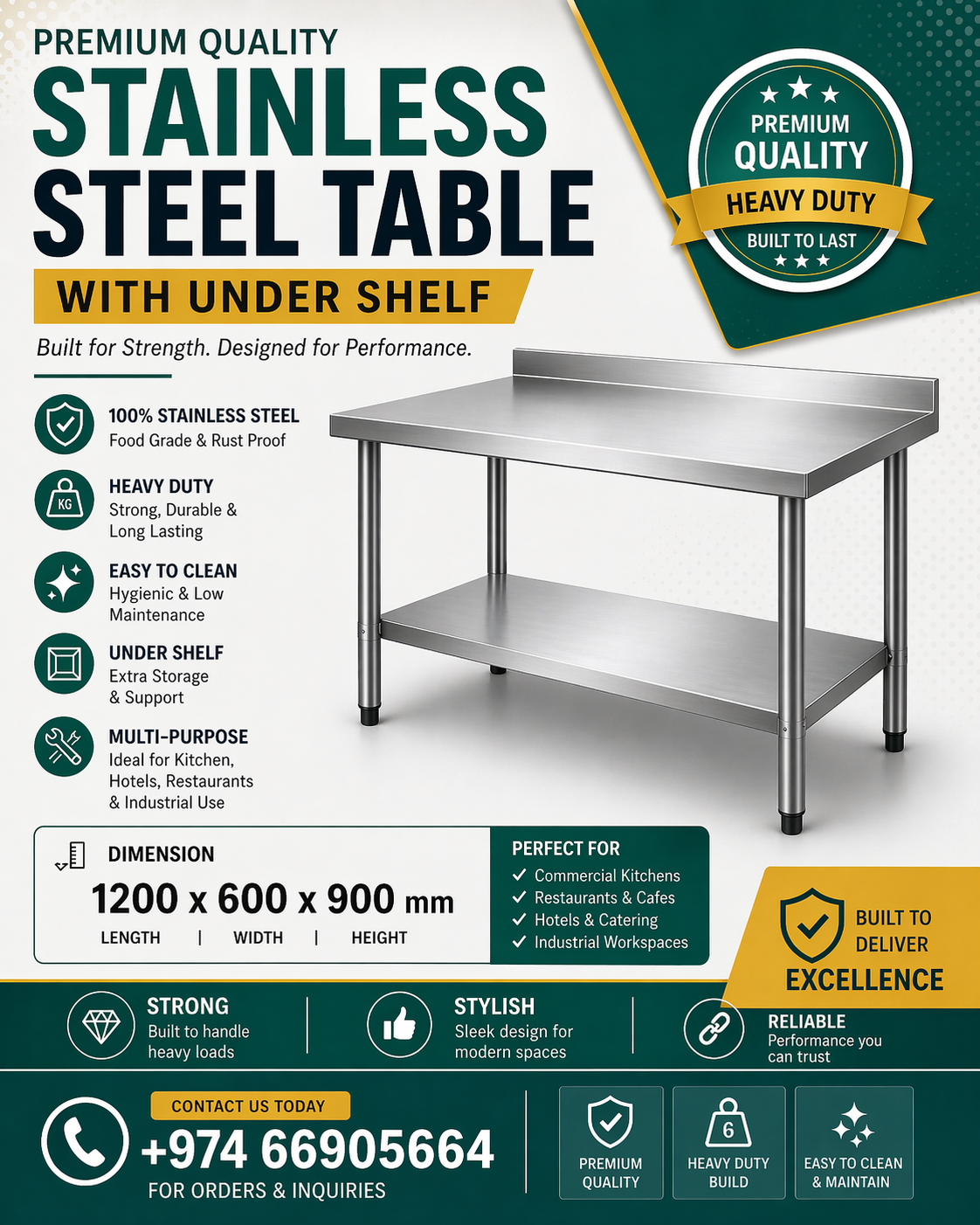 STAINLESS STEEL TABLE WITH UNDER SHELF - Image 1