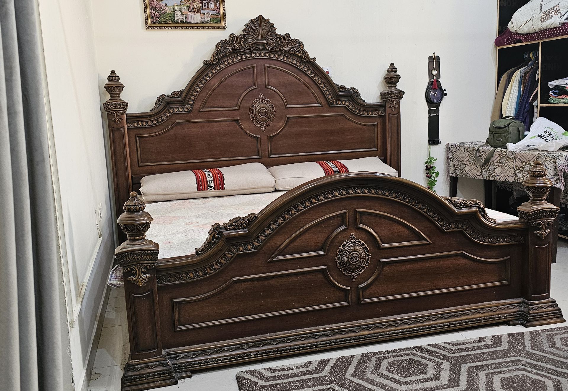 Wooden King Bed with mattress with pillows  - Image 3