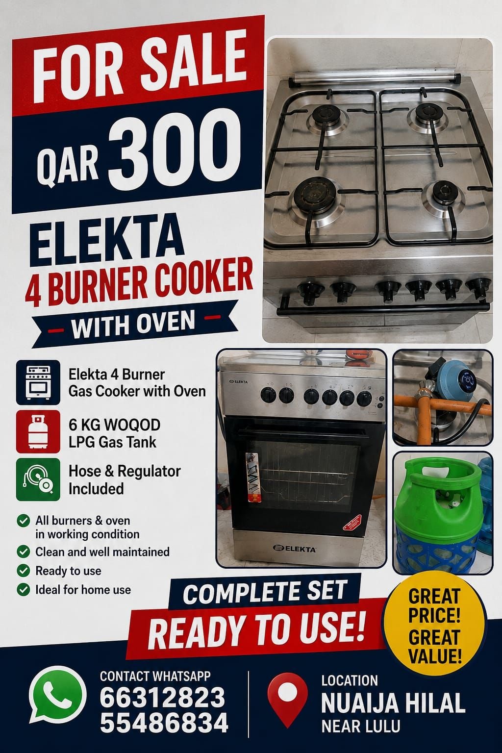 ELEKTA 4 Burner with Oven and 6KG Woqod LPG tank - Image 2