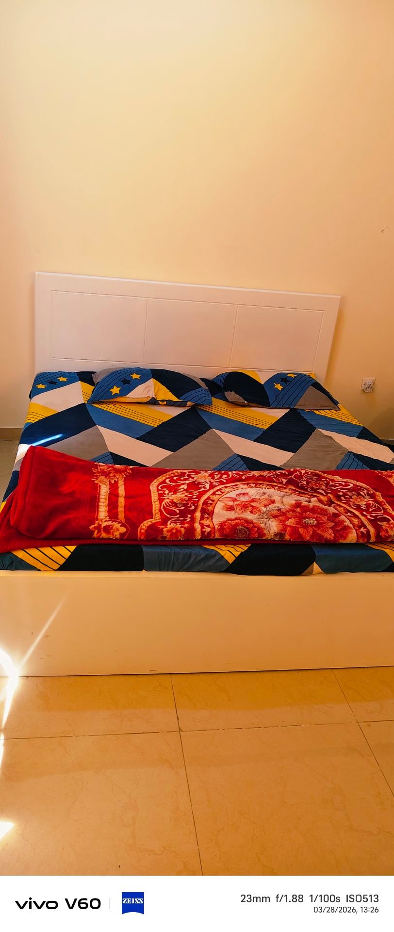 King size bed with mattress and cupboard for storage - Image 1