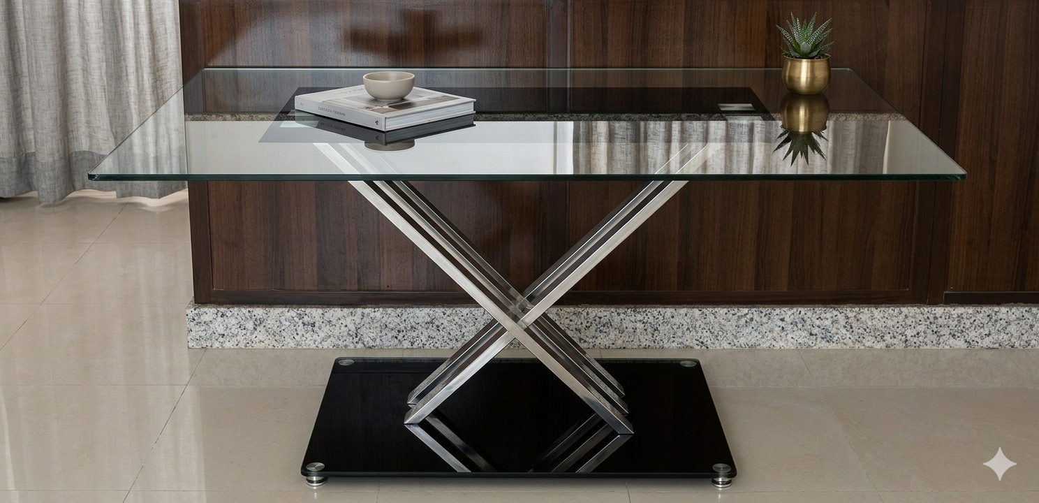 Dining table only- Glass top dining table with string SS legs and glass base - Image 3
