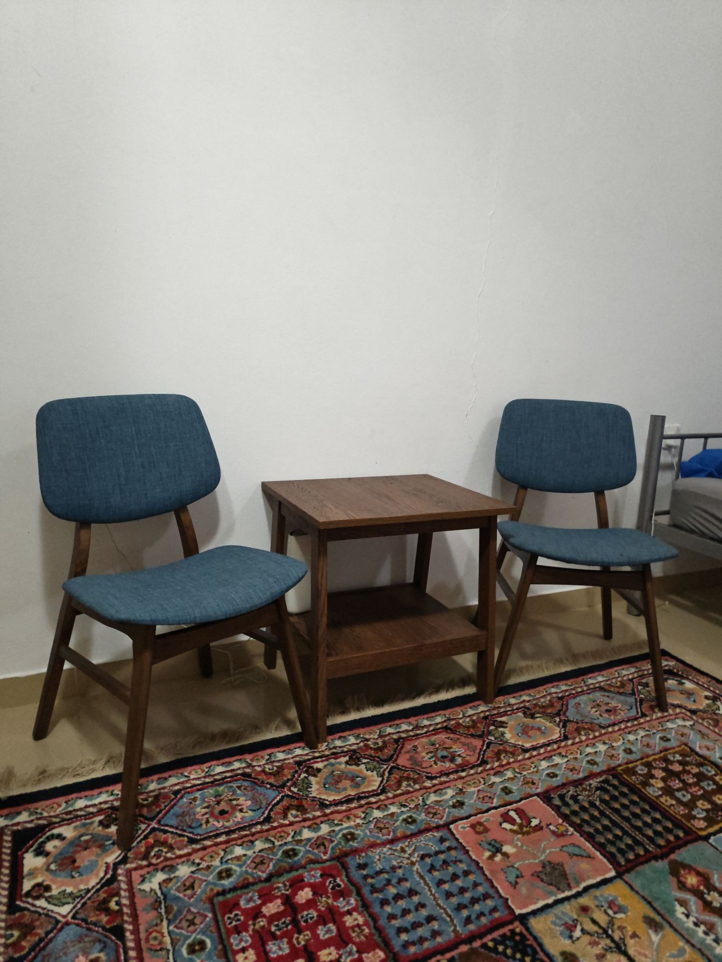 3-Piece Mid-Century Modern Set – 2 Blue Accent Chairs & Walnut Side Table - Image 4