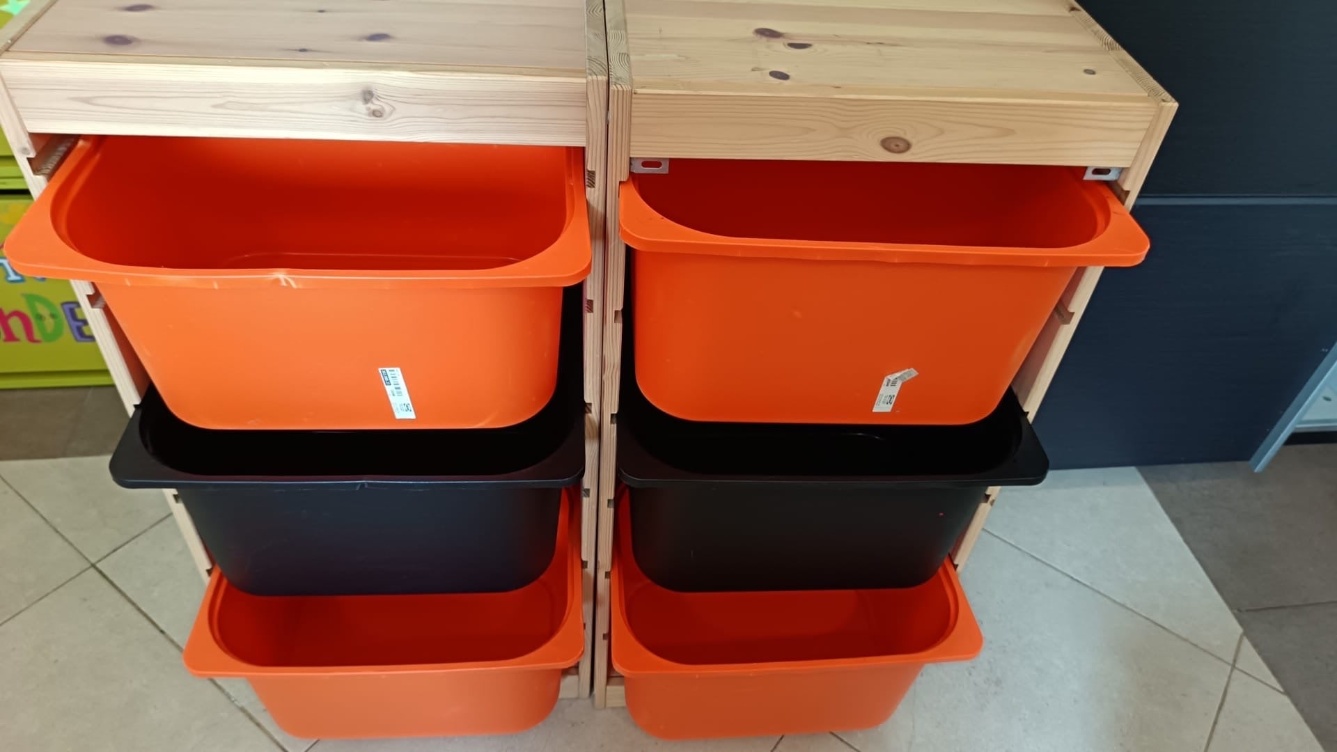 IKEA-style wooden toy storage units with plastic bins  - Image 4