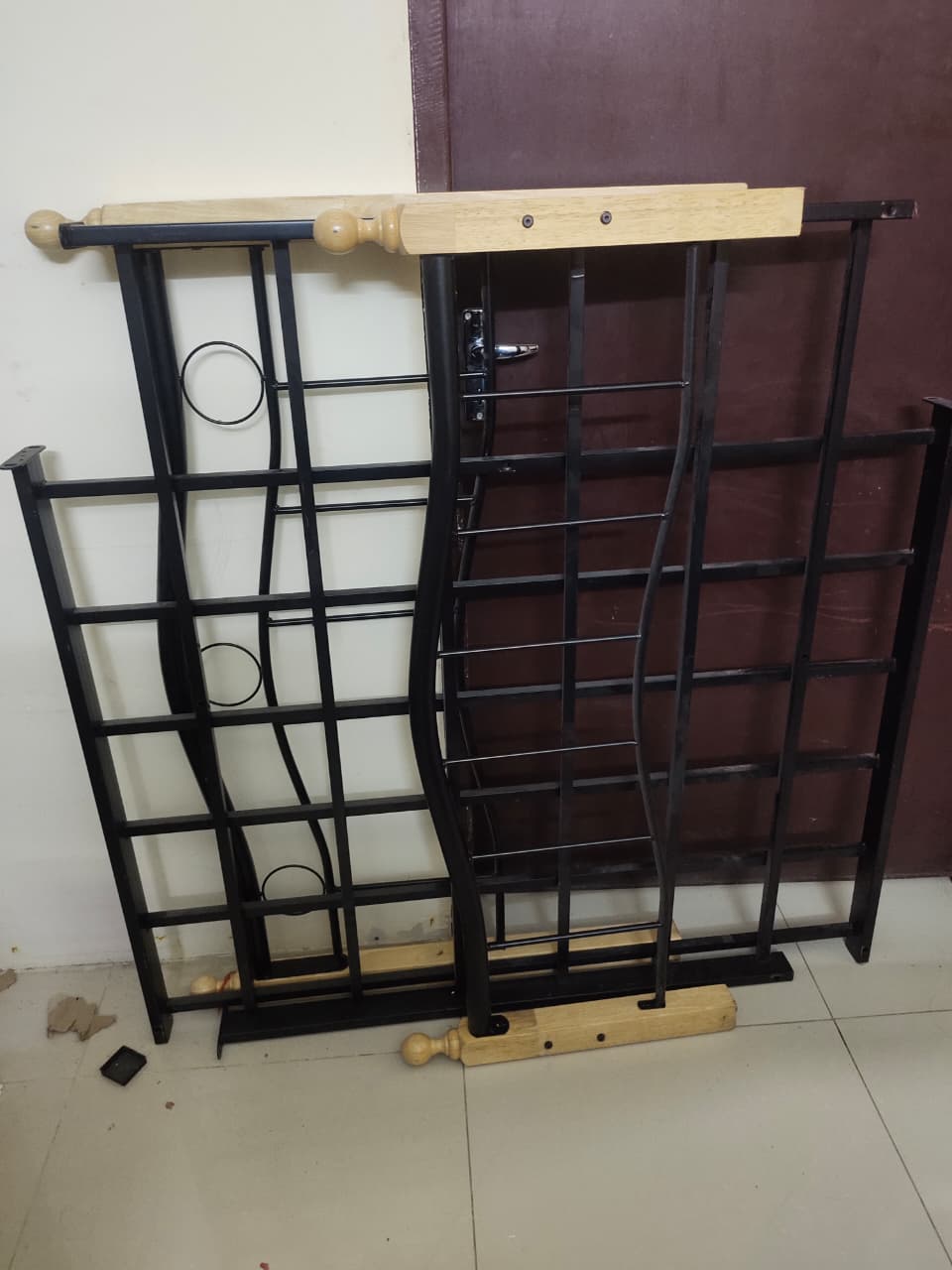 Sturdy Metal Bed Frame with Wooden Finish – Almost New (No Mattress) - Image 1