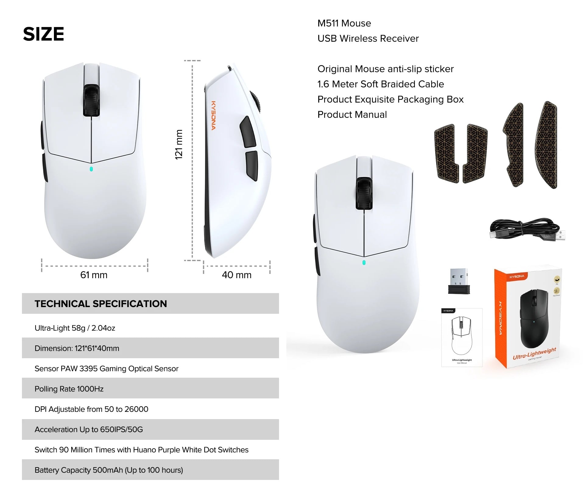 ماوس ألعاب Kysona M511 خفيف جدًا أبيض اقرأ الوصف - Image 7