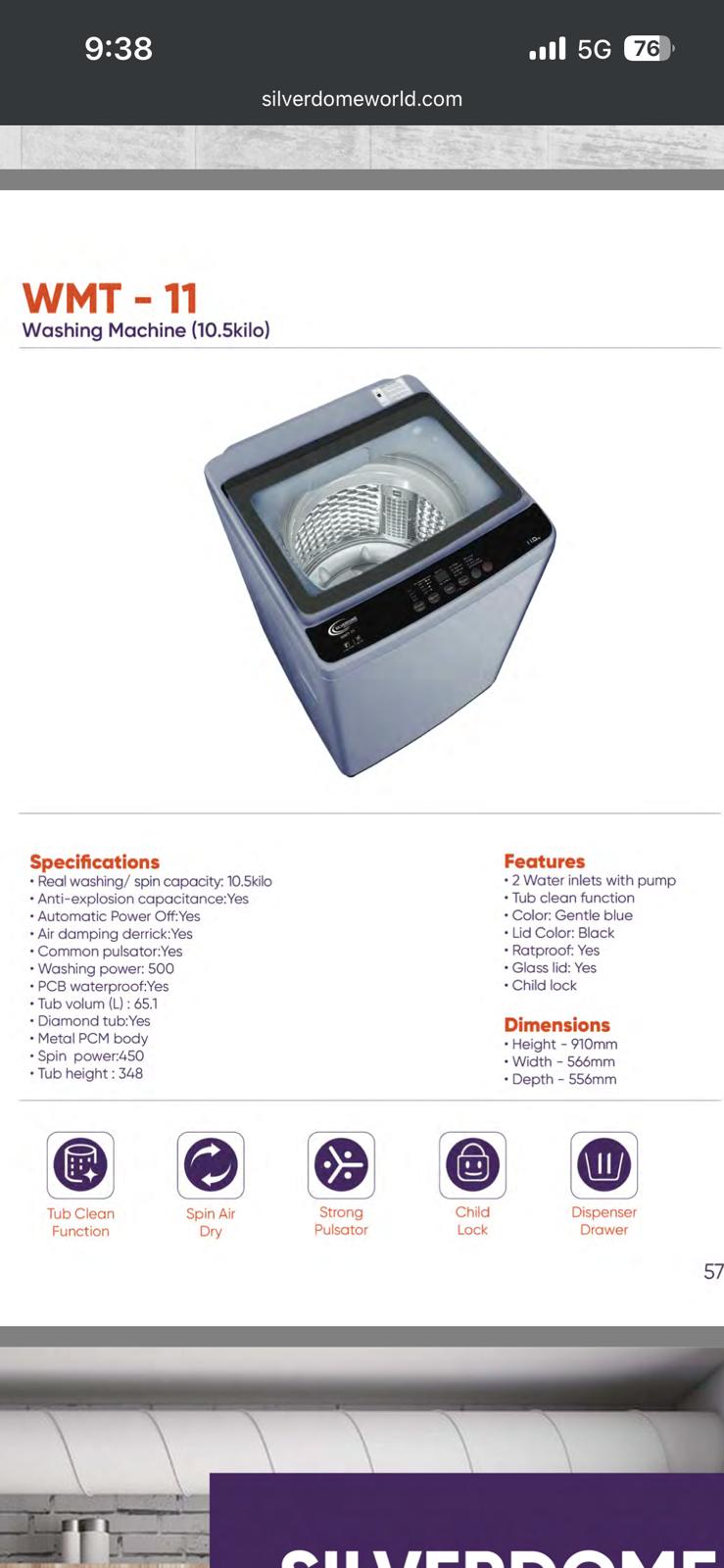 WMT-11 Washing Machine (11kg) Silverdome - Image 2