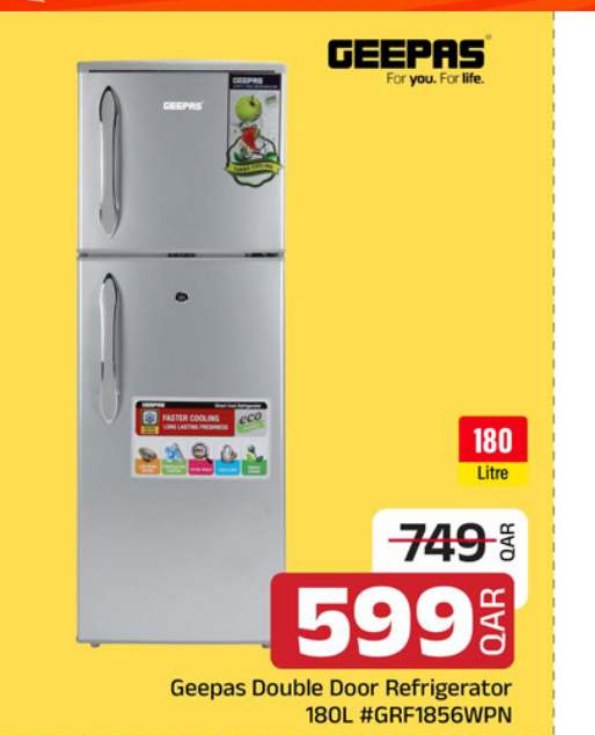 Geepas Double Door Refrigerator 180L #GRF1856WPN
