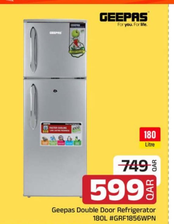 Geepas Double Door Refrigerator 180L #GRF1856WPN