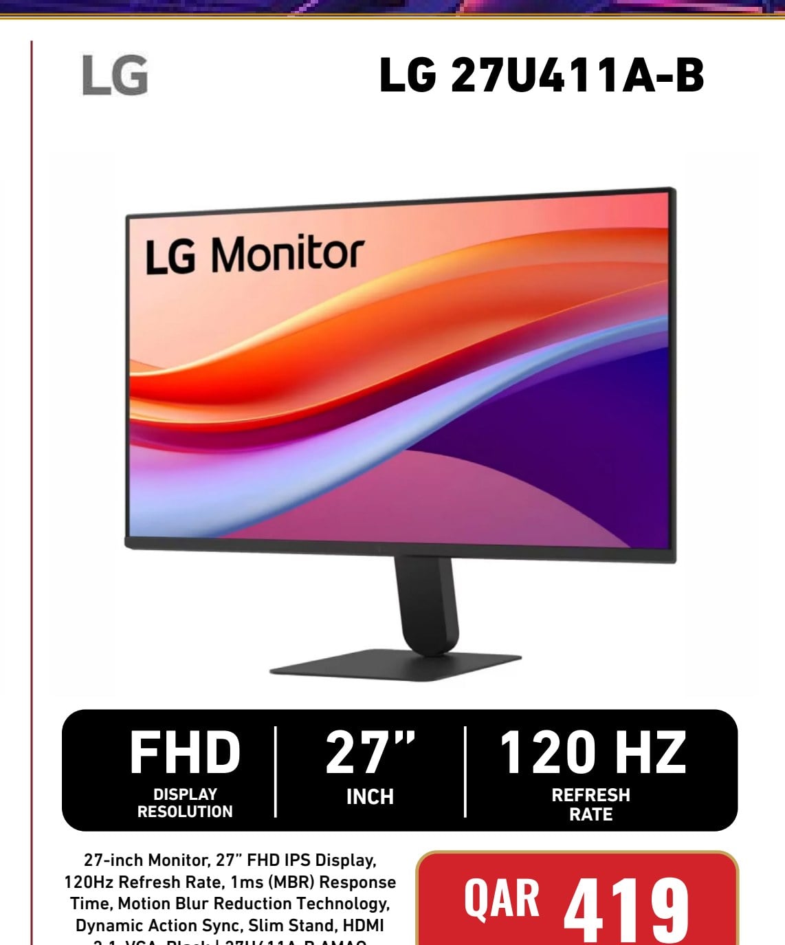 LG 27U411A-B 27-inch FHD IPS Monitor