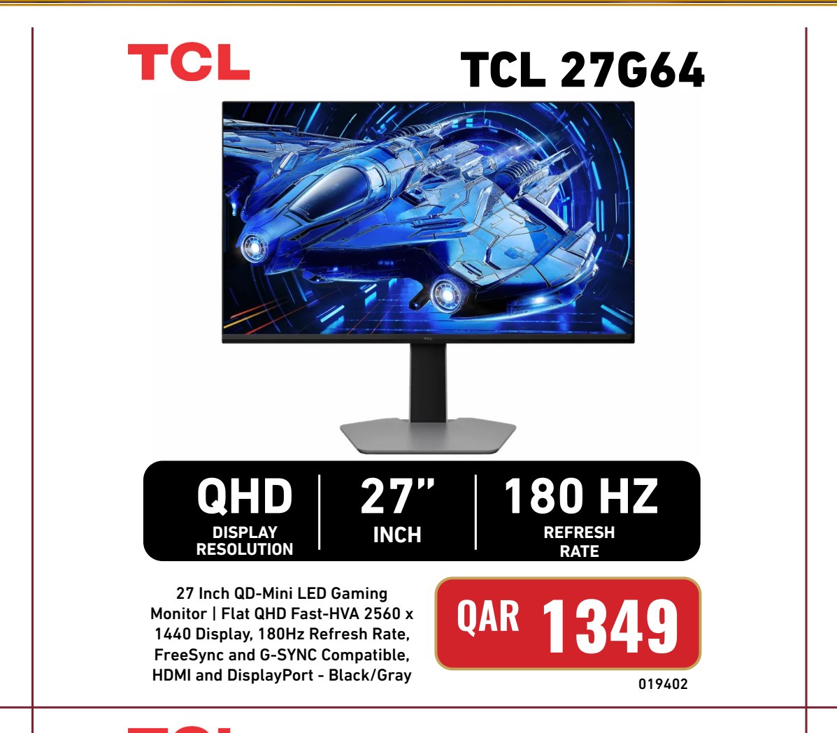TCL 27G64 27 Inch QD-Mini LED Gaming Monitor