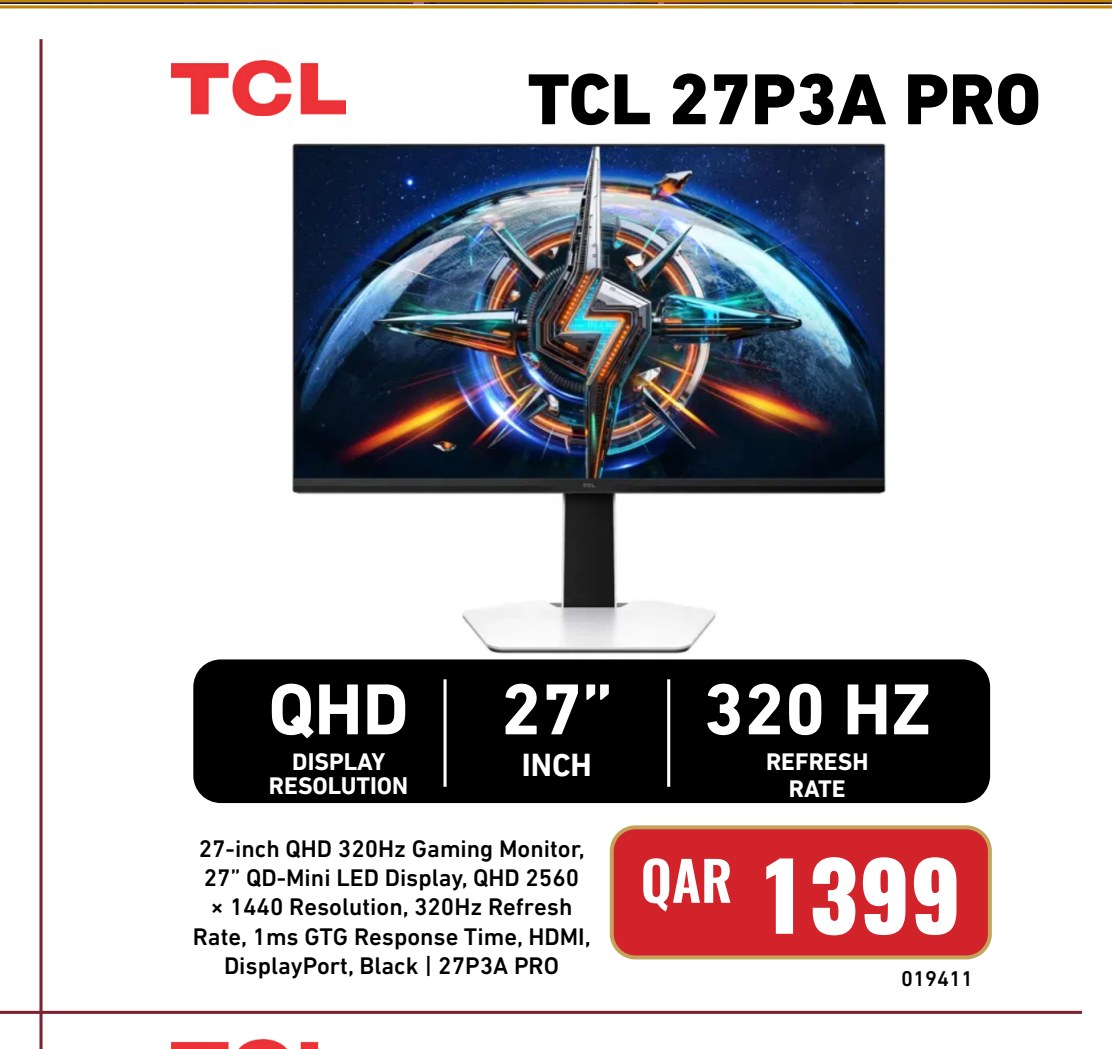 TCL 27P3A PRO 27-inch QHD 320Hz Gaming Monitor