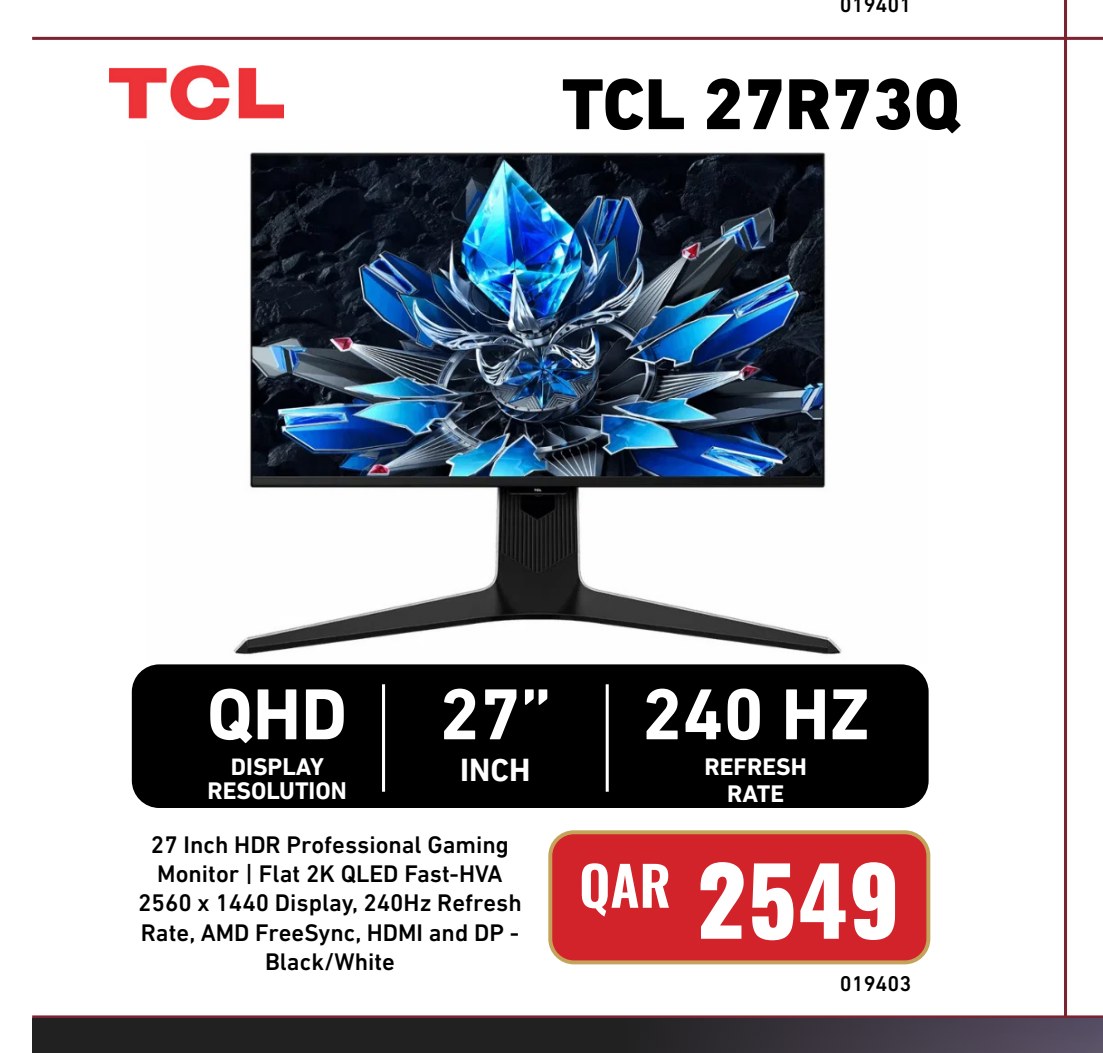 TCL 27R73Q 27 Inch HDR Professional Gaming Monitor