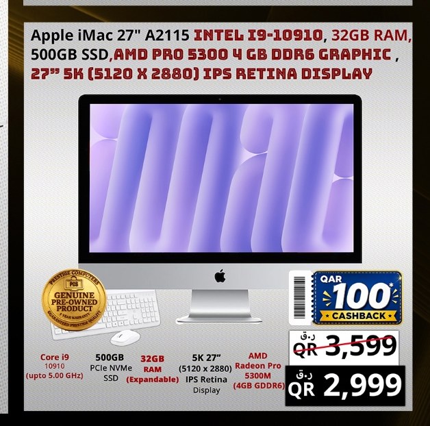 Apple iMac 27" A2115 Intel i9-10910, 32GB RAM, 500GB SSD, AMD Pro 5300 4GB DDR6 Graphic, 27" 5K IPS Retina Display
