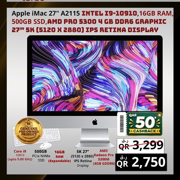 Apple iMac 27" A2115 INTEL I9-10910,16GB RAM, 500GB SSD,AMD PRO 5300 4 GB DDR6 GRAPHIC 27" 5K (5120 X 2880) IPS RETINA DISPLAY