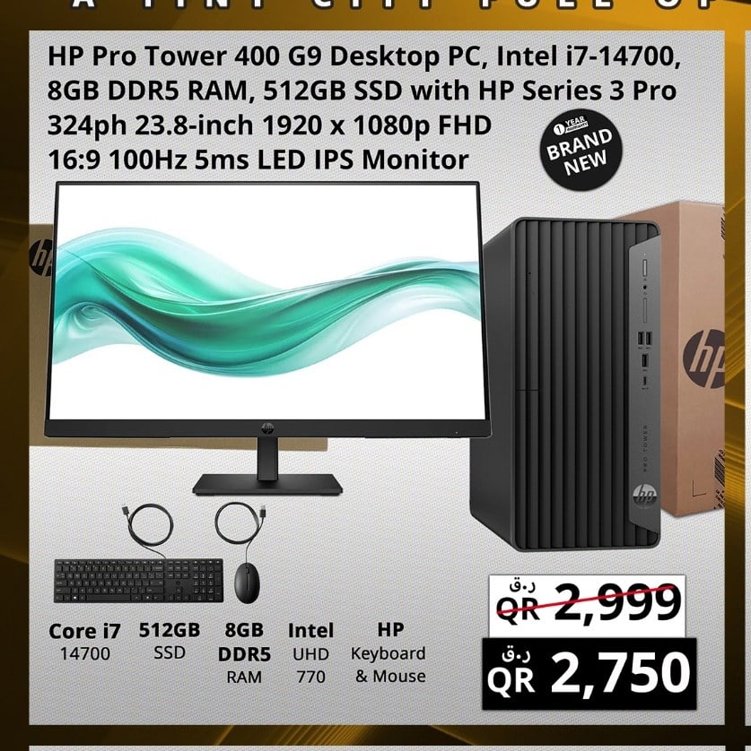 HP Pro Tower 400 G9 Desktop PC, Intel i7-14700, 8GB DDR5 RAM, 512GB SSD with HP Series 3 Pro 324ph 23.8-inch 1920 x 1080p FHD 16:9 100Hz 5ms LED IPS Monitor