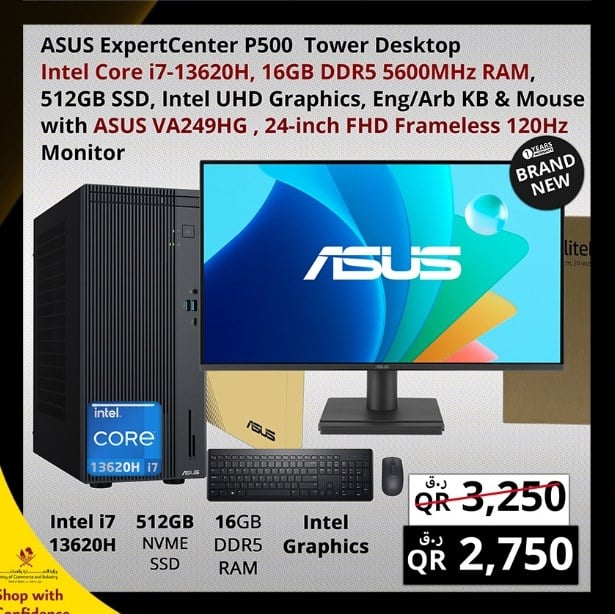 ASUS ExpertCenter P500 Tower Desktop Intel Core i7-13620H, 16GB DDR5 5600MHz RAM, 512GB SSD, Intel UHD Graphics, Eng/Arb KB & Mouse with ASUS VA249HG , 24-inch FHD Frameless 120Hz Monitor