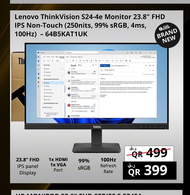 Lenovo ThinkVision S24-4e Monitor 23.8" FHD IPS Non-Touch (250nits, 99% sRGB, 4ms, 100Hz) - 64B5KAT1UK
