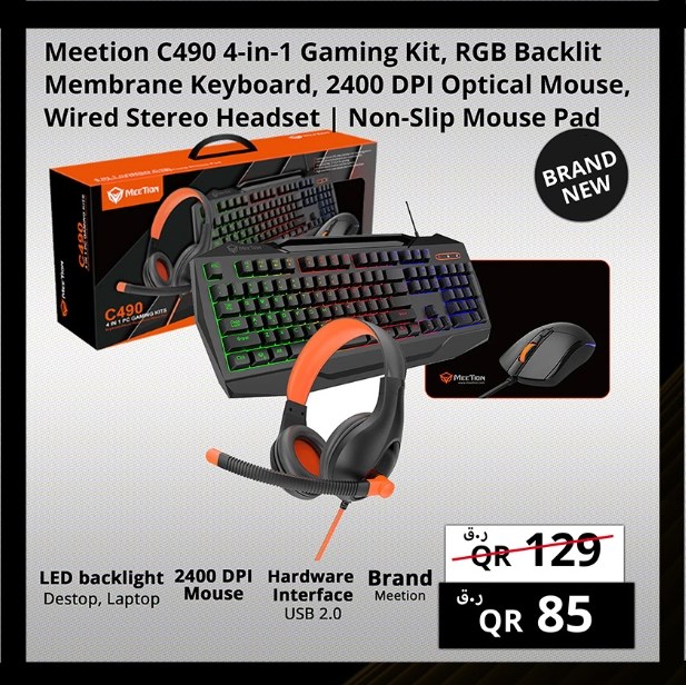 Meetion C490 4-in-1 Gaming Kit, RGB Backlit Membrane Keyboard, 2400 DPI Optical Mouse, Wired Stereo Headset | Non-Slip Mouse Pad