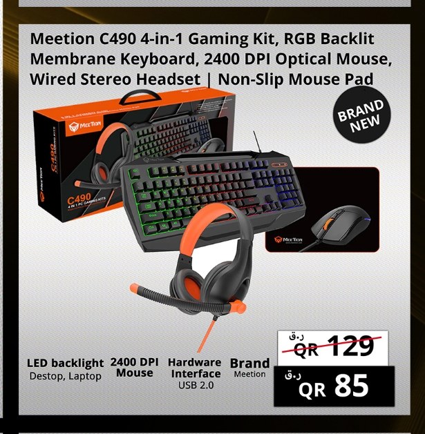 Meetion C490 4-in-1 Gaming Kit, RGB Backlit Membrane Keyboard, 2400 DPI Optical Mouse, Wired Stereo Headset | Non-Slip Mouse Pad
