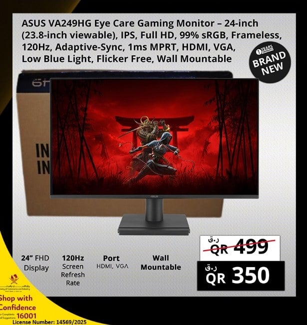 ASUS VA249HG Eye Care Gaming Monitor - 24-inch (23.8-inch viewable), IPS, Full HD, 99% sRGB, Frameless, 120Hz, Adaptive-Sync, 1ms MPRT, HDMI, VGA, Low Blue Light, Flicker Free, Wall Mountable