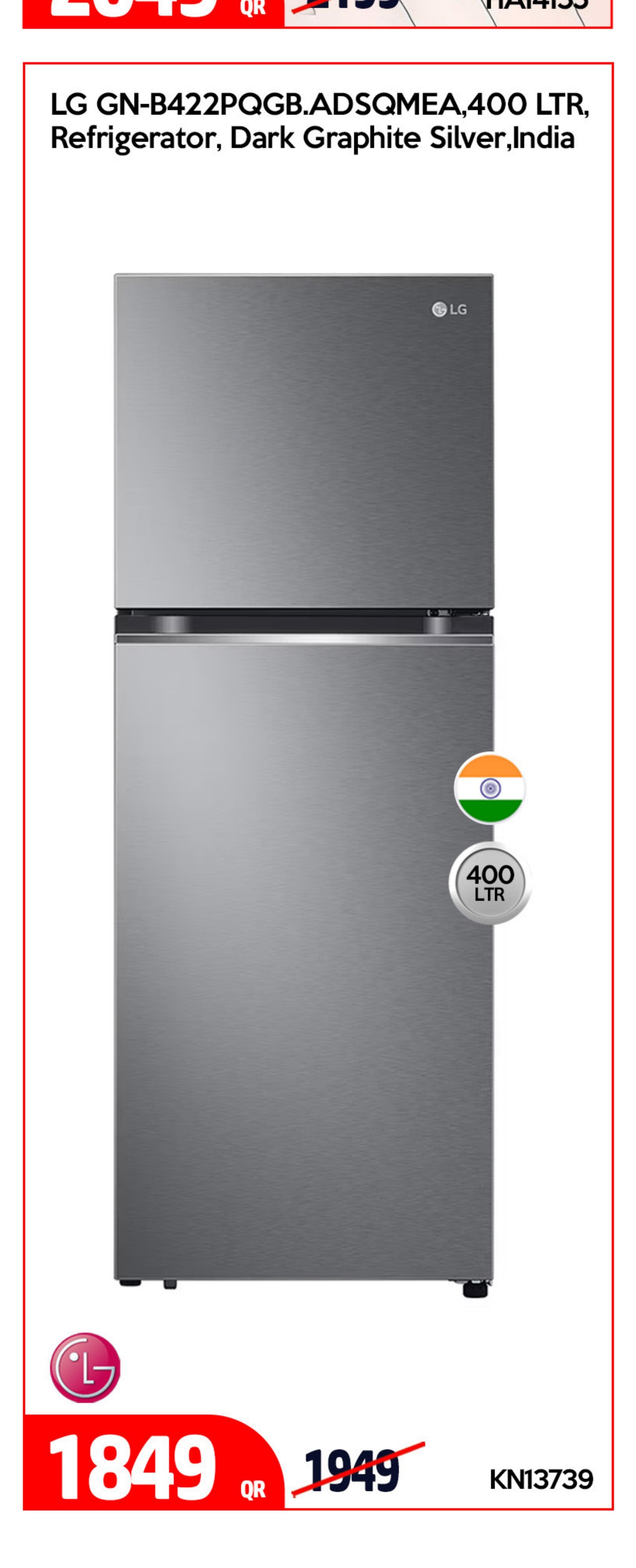 LG GN-B422PQGB.ADSQMEA,400 LTR, Refrigerator, Dark Graphite Silver,India