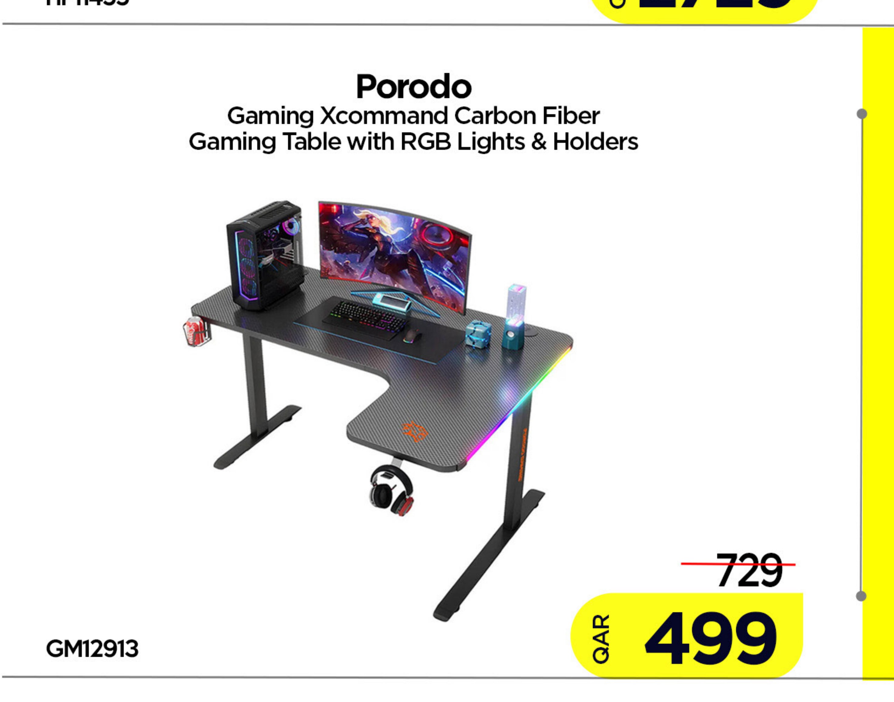 Porodo Gaming Xcommand Carbon Fiber Gaming Table with RGB Lights & Holders