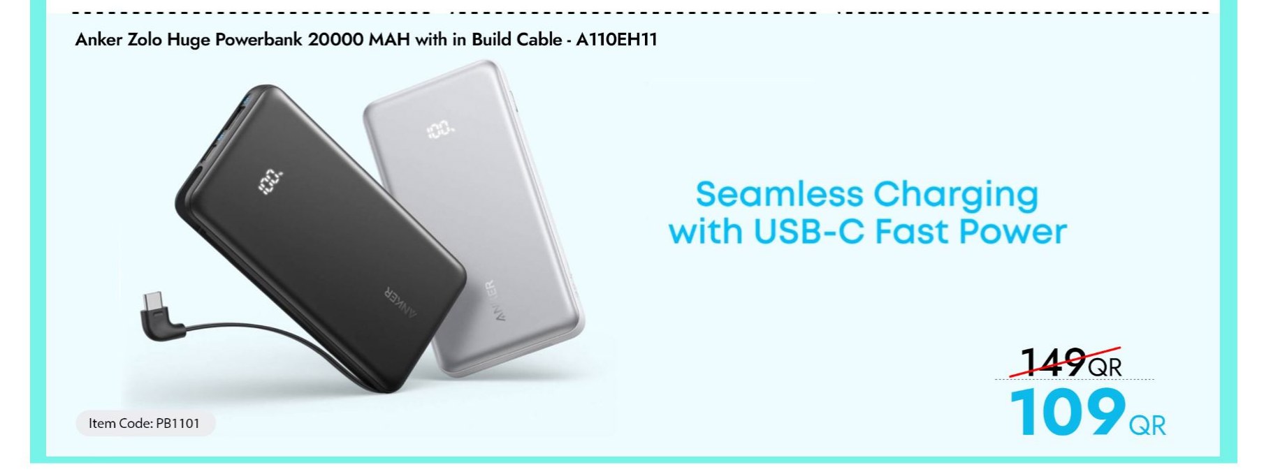Anker Zolo Huge Powerbank 20000 MAH with in Build Cable - A110EH11