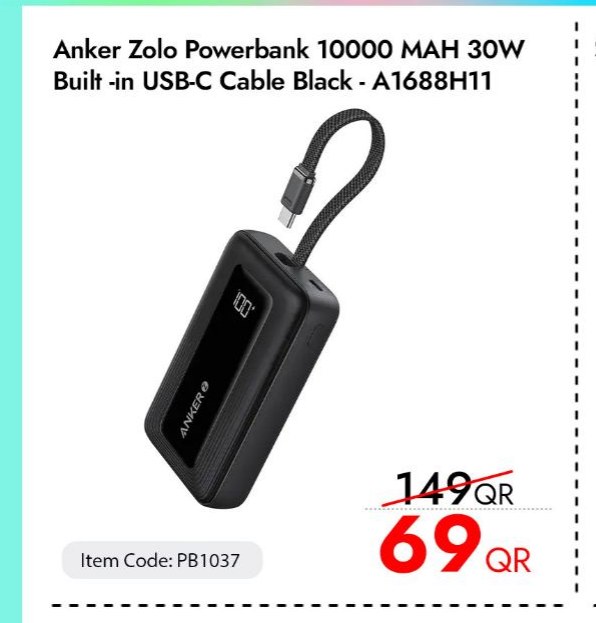 Anker Zolo Powerbank 10000 MAH 30W Built -in USB-C Cable Black - A1688H11